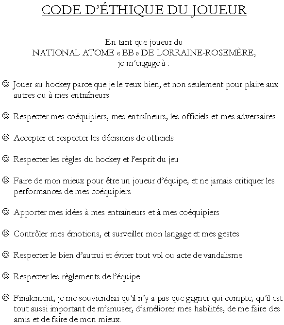 Code d'�thique du joueur